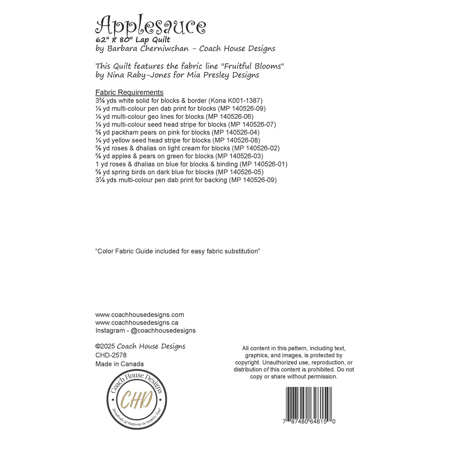 This page contains information about a lap quilt sewing pattern titled 'Applesauce' by Coach House Designs. It includes specifications and yardage requirements from the fabric collection "Fruitful Blooms" by Nina Raby-Jones for Mia Presley Designs.