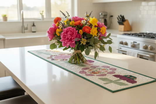 Quilted Gigi's Table runner on kitchen counter with bouquet of flowers on top. Ai generated.