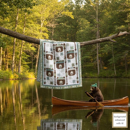 Quilt with bear pattern hanging on a tree branch over a lake with a bear in a canoe.
