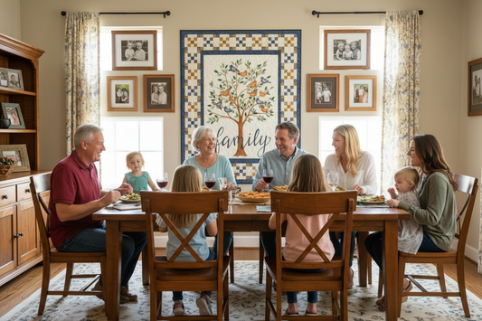 My Tree wall quilt hanging on the dining room wall behind a multigenerational family. Created by Ai. Actual Wall Quilt may not be to scale. Wall Quilt measures 37" x 47".