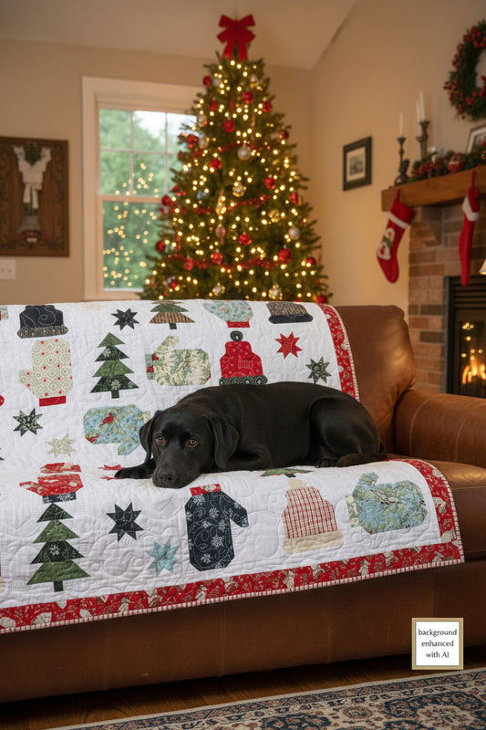 Black dog lying on a couch with a Christmas-themed quilt with mitt blocks, tree blocks, hat blocks and star blocks made with a Layer Cake, decorated tree in the background.