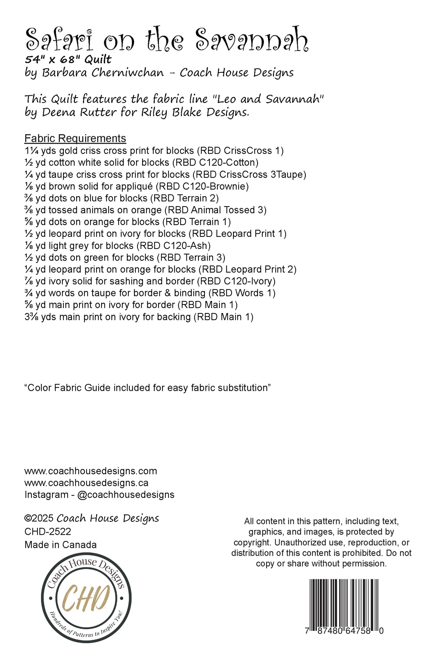 Safari on the Savannah Quilt Pattern (Pre-Order)