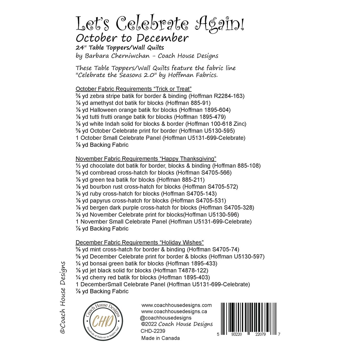 Let's Celebrate Again! October to December Quilt Pattern