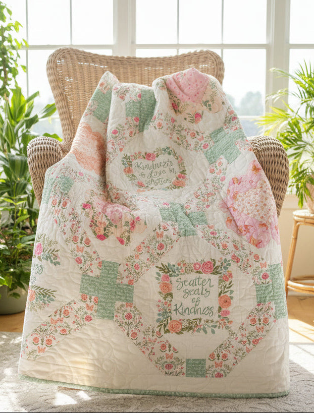 Pastel  chain design quilt with flower blocks with hearts in the center and panel blocks from Deb Strain's Kindness fabric line designed by Coach House Designs