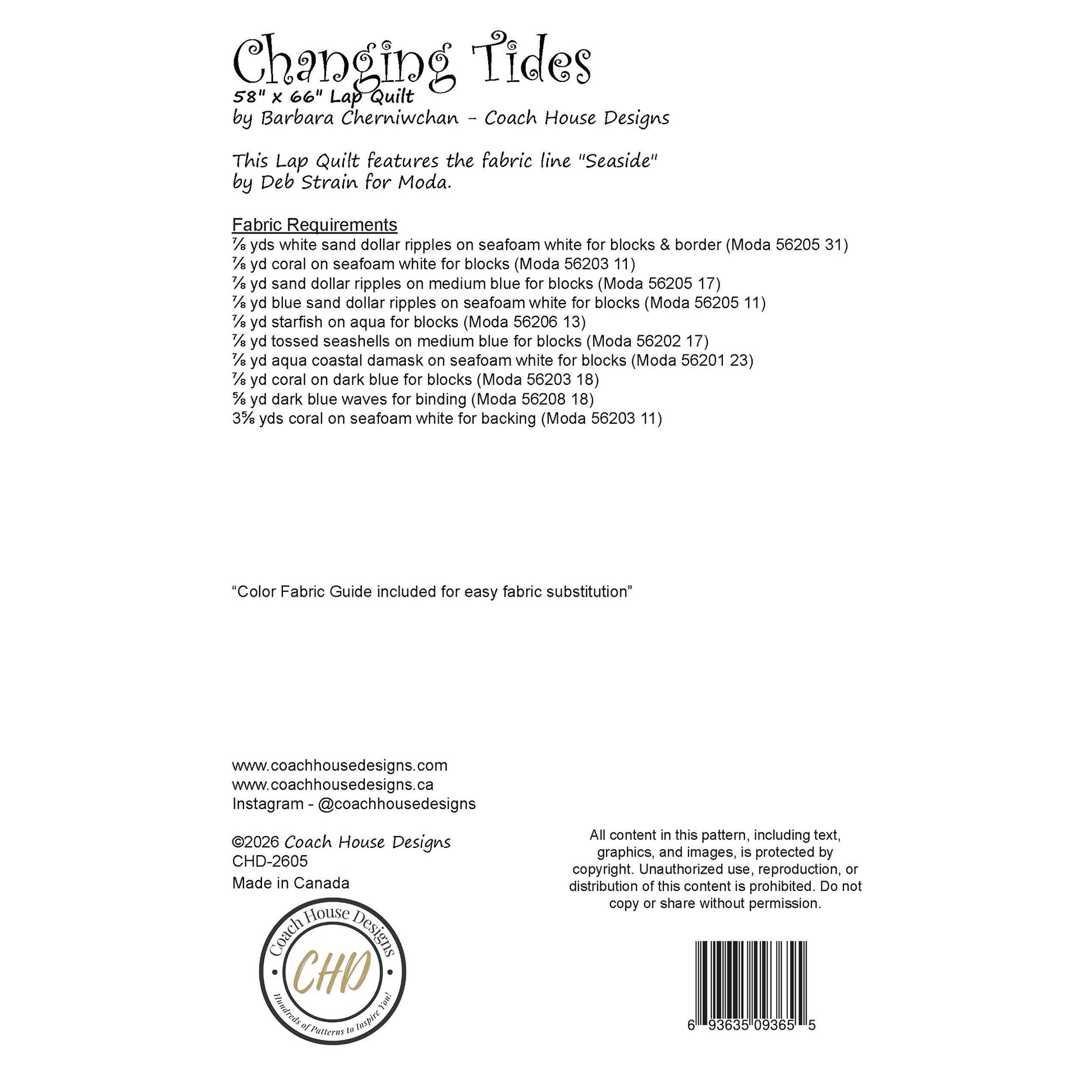 This page contains information about a lap quilt sewing pattern titled 'Changing Tides' by Coach House Designs. It includes specifications and yardage requirements from the fabric collection "Seaside" by Deb Strain for Moda. 