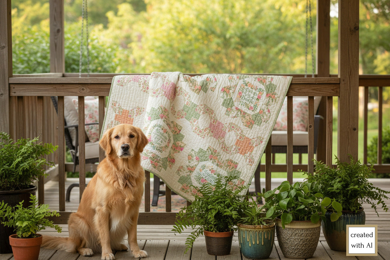 Dog sitting on a wooden deck with a Pastel Floral and chain quilt with cream background draped on a wooden railing. Quilt uses Kindness fabric line by Deb Strain and is designed by Coach House Designs