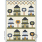 Quilt pattern with house and tree blocks with hearts in the middle on a beige background. Designed by Coach House Designs