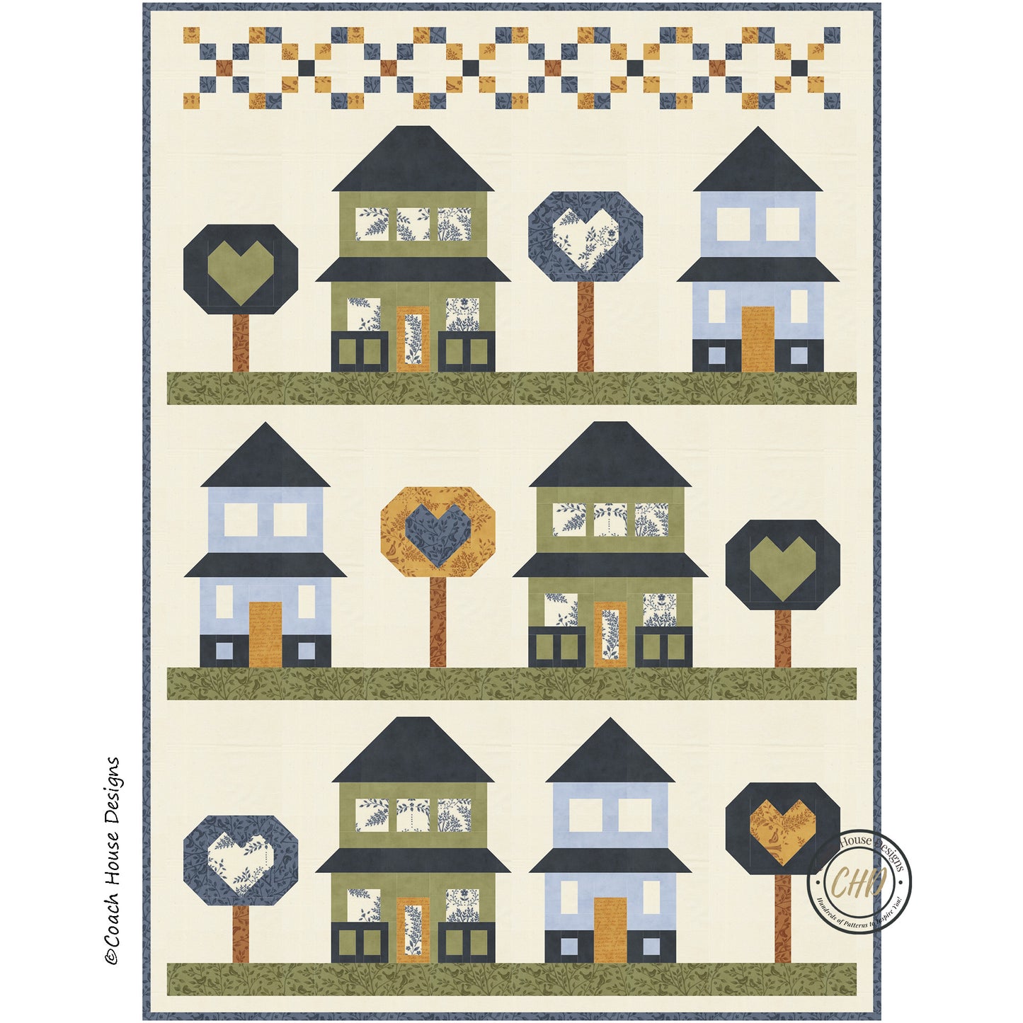 Quilt pattern with house and tree blocks with hearts in the middle on a beige background. Designed by Coach House Designs
