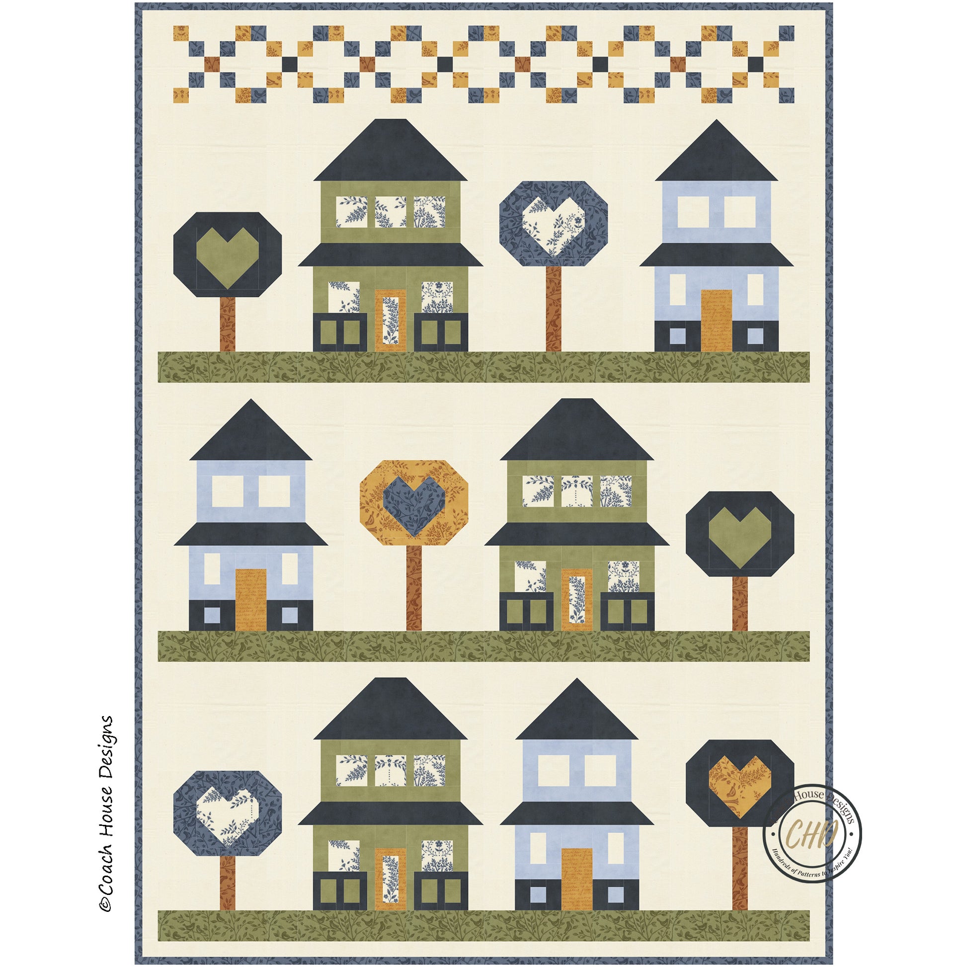 Quilt pattern with house and tree blocks with hearts in the middle on a beige background. Designed by Coach House Designs