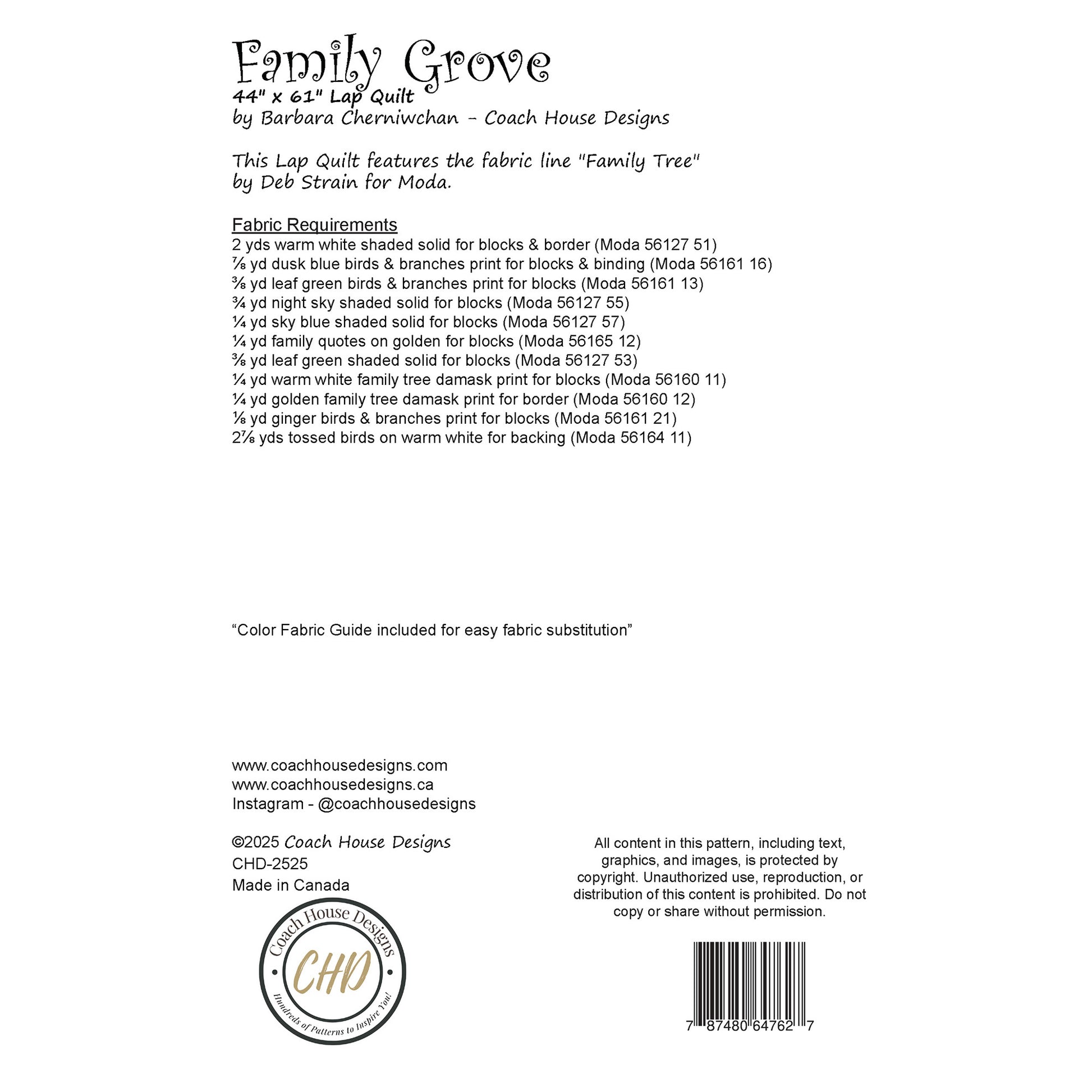 Fabric requirements and design information for a quilt pattern titled 'Family Grove' by Coach House Designs.
