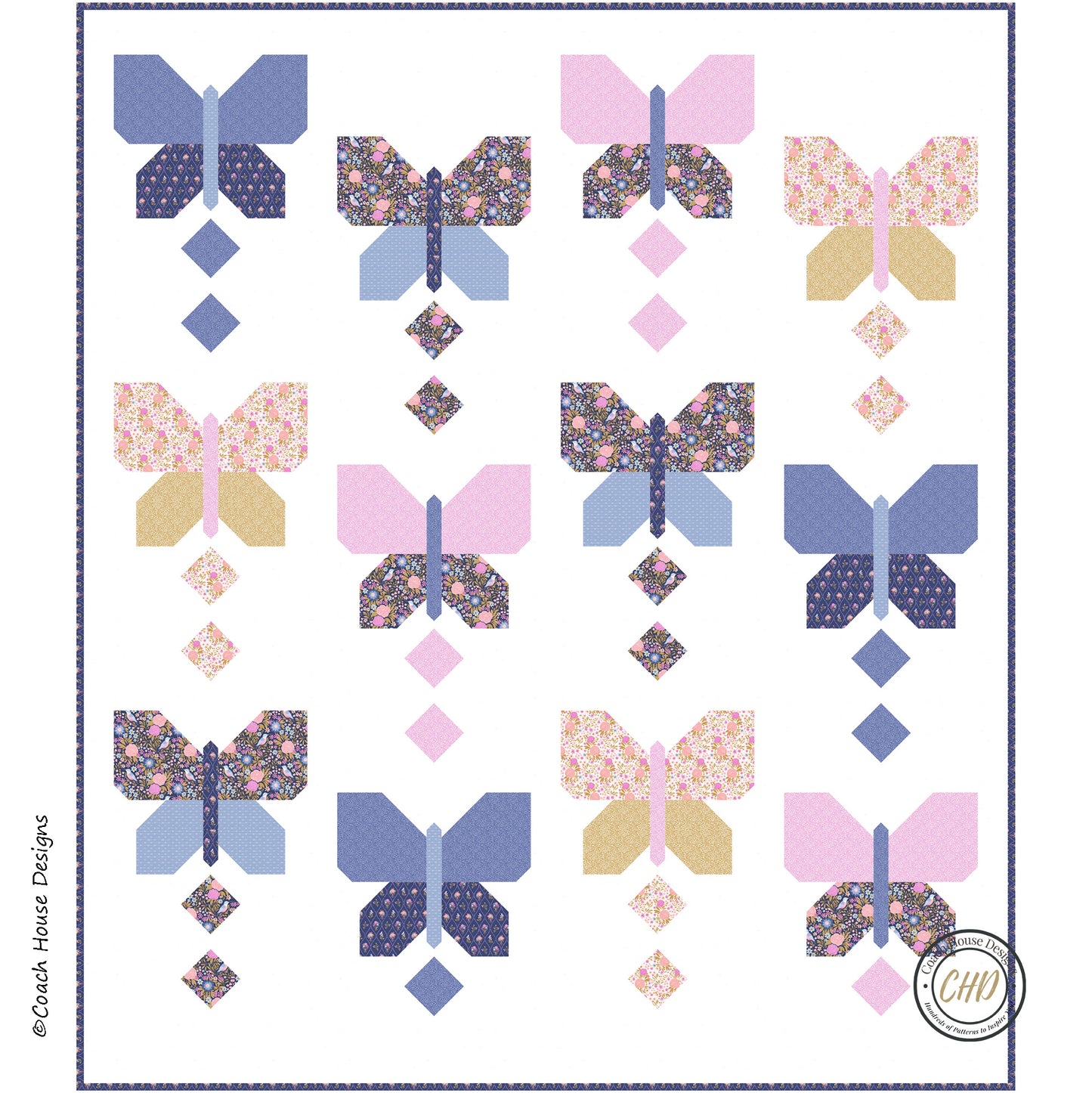 Butterfly pattern quilt with colorful butterflies on a white background