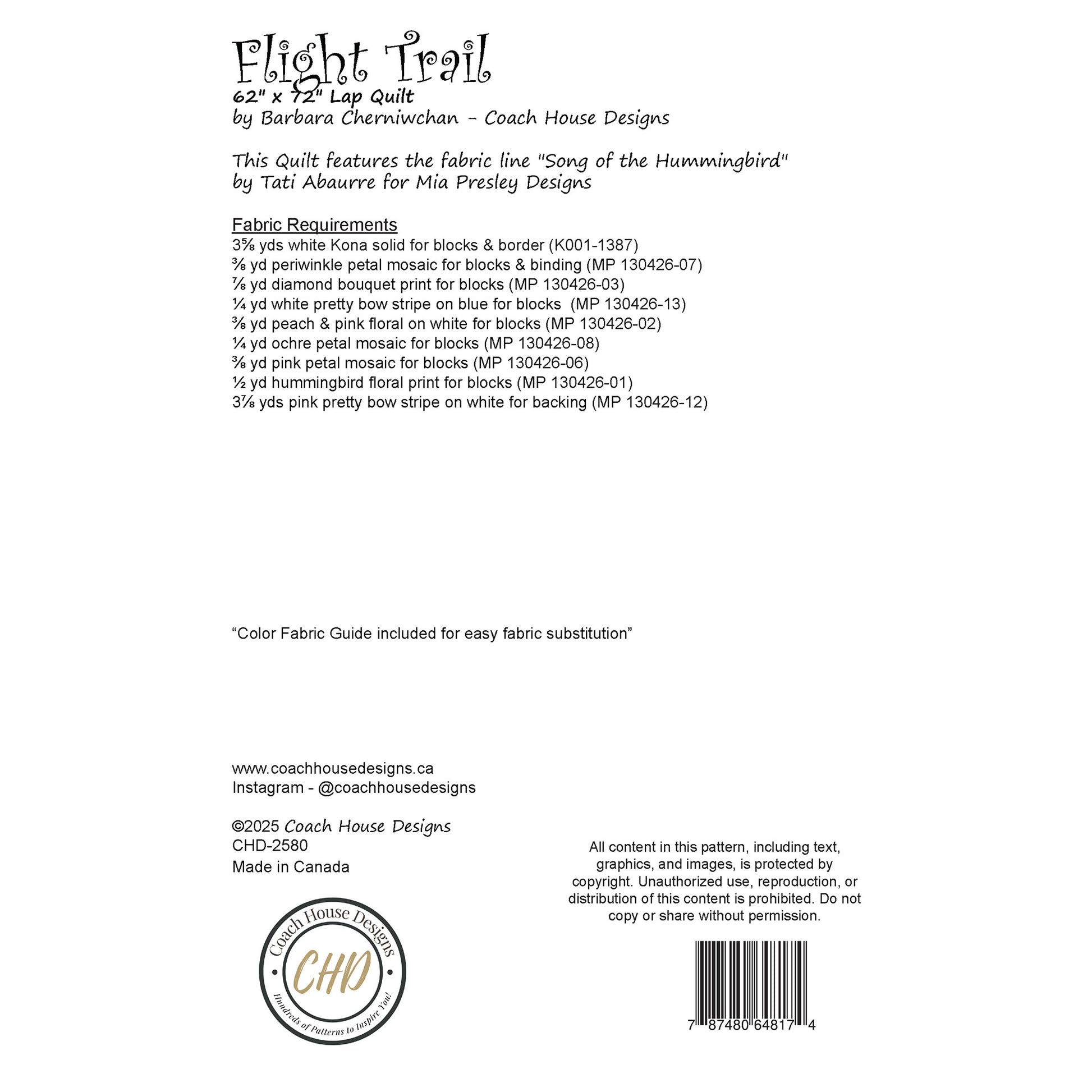 Quilt pattern fabric requirements for 'Flight Trail' by Coach House Designs.