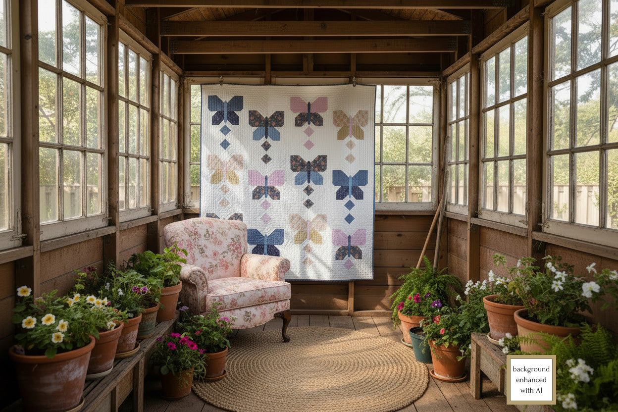 Sunroom with butterfly-patterned quilt on wall, armchair, and potted plants.