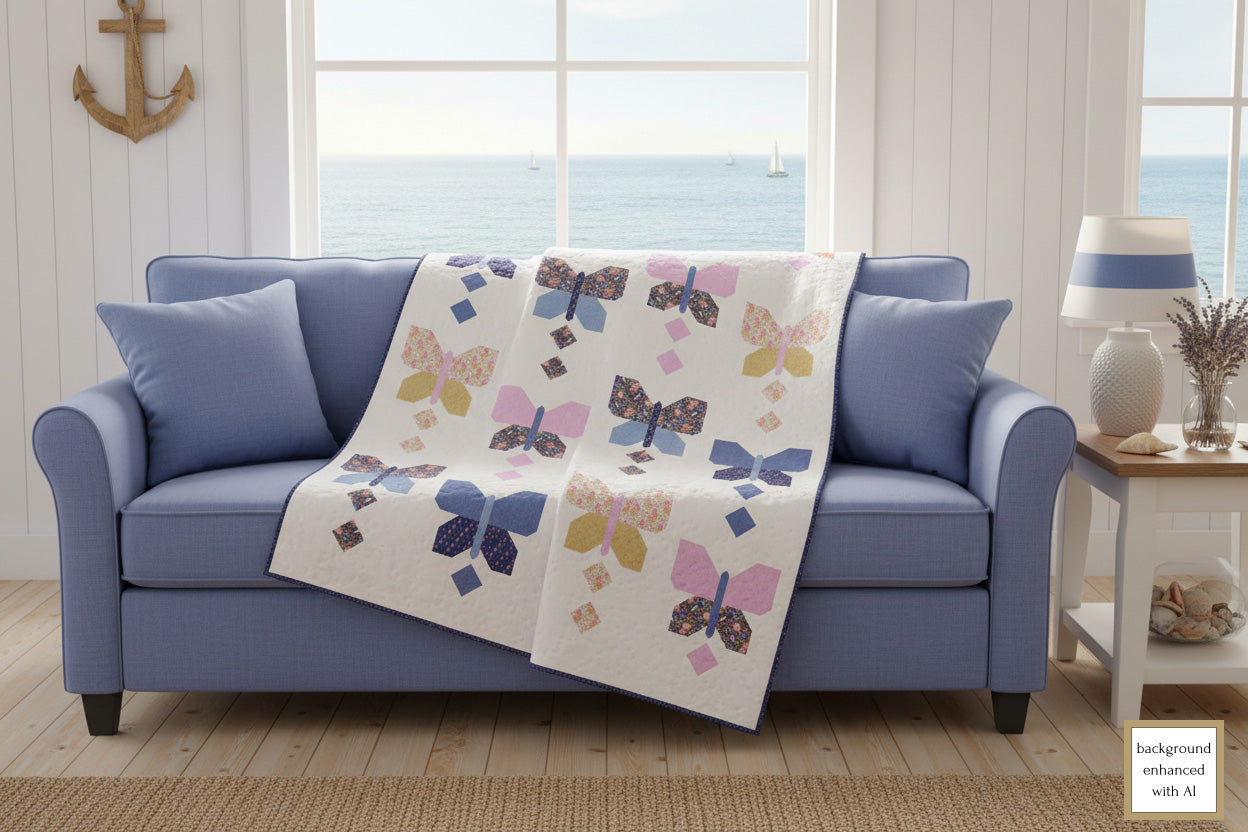 Blue sofa draped with a butterfly quilt in pastel colors designed by Coach House Designs