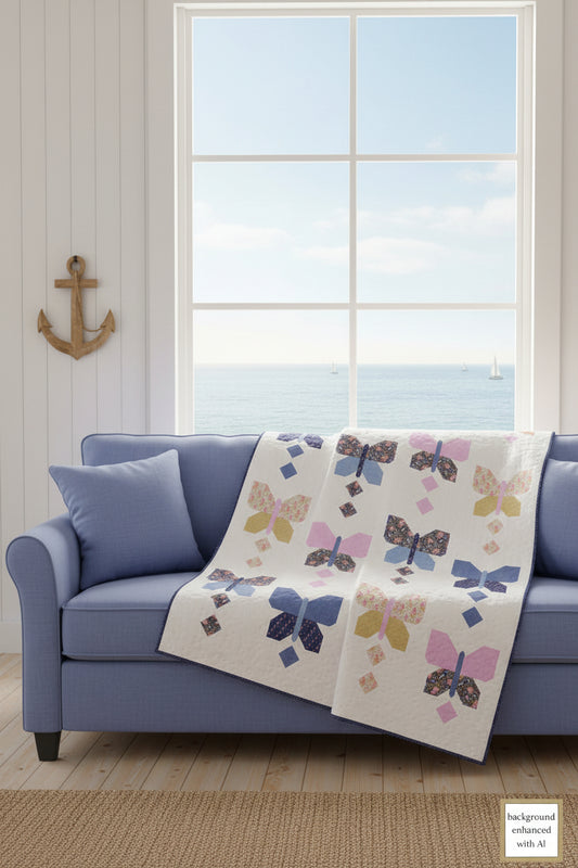 Blue sofa draped with a butterfly quilt in pastel colors designed by Coach House Designs