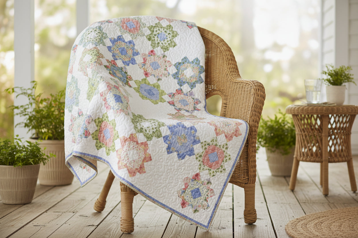 Quilt with floral pattern in pastel colors on a white background