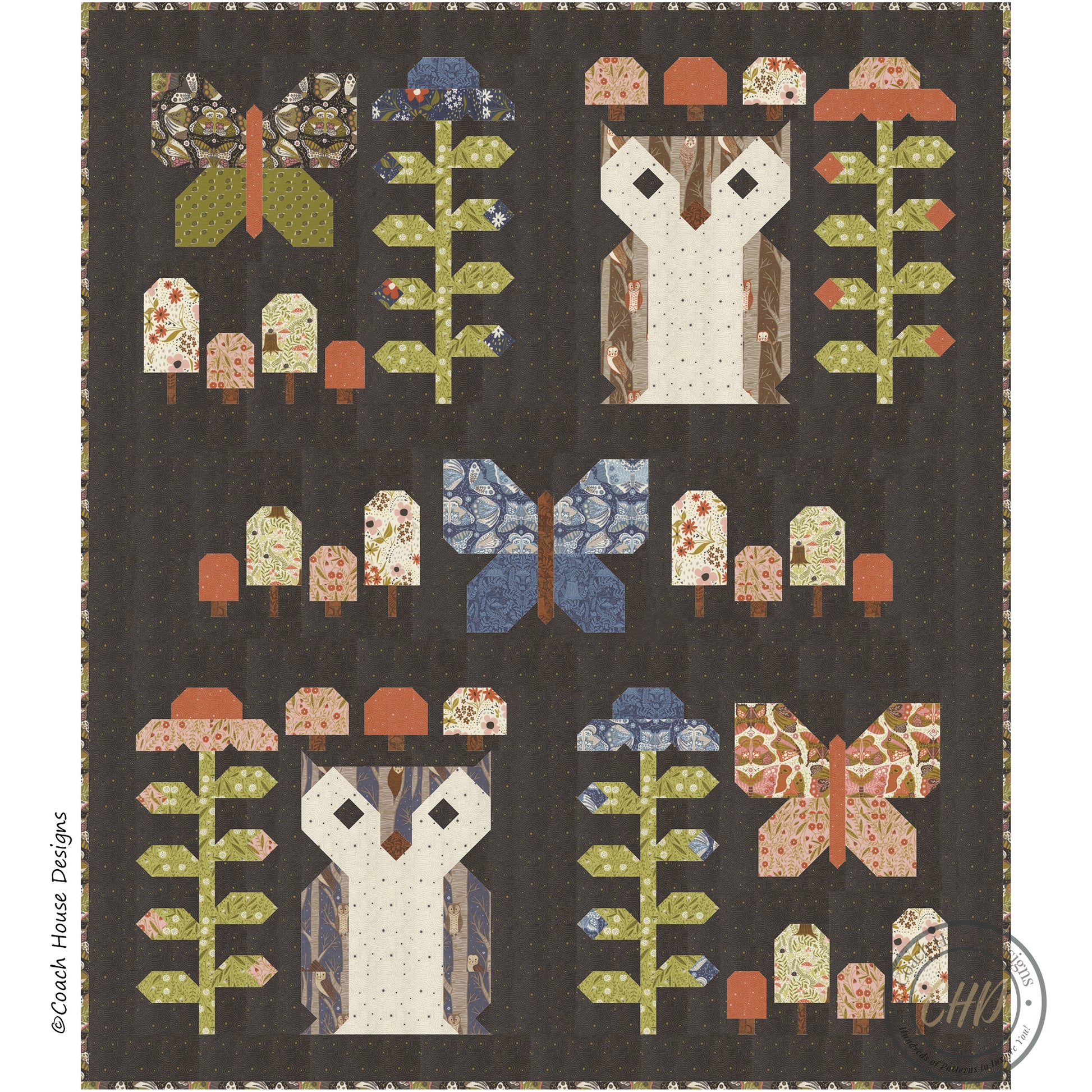 Lap Quilt with owl blocks, mushroom blocks, flower blocks  and butterfly blocks  on a dark background