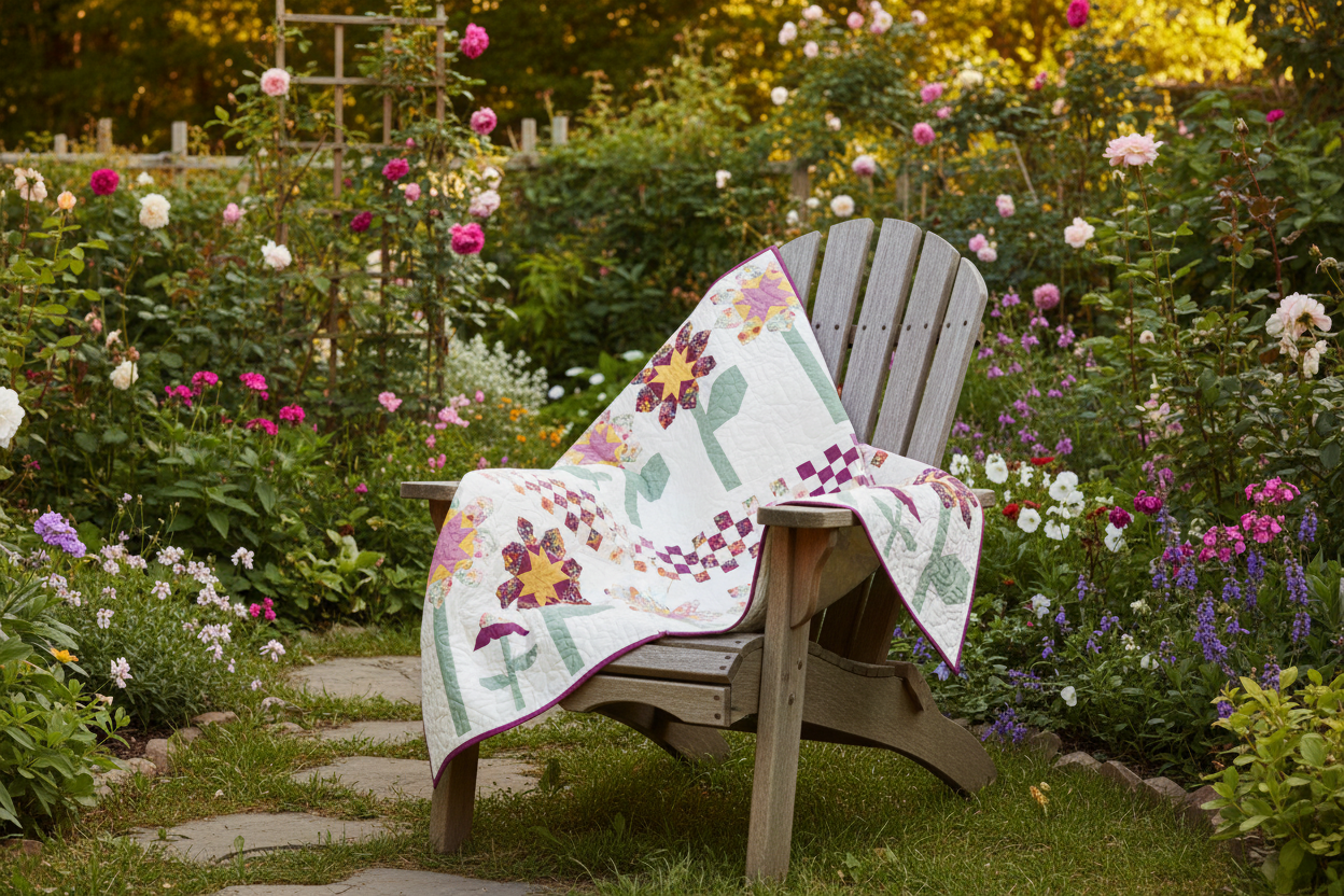 The photo shows  a floral lap quilt in plum, gold, pink and mint on a white background. 