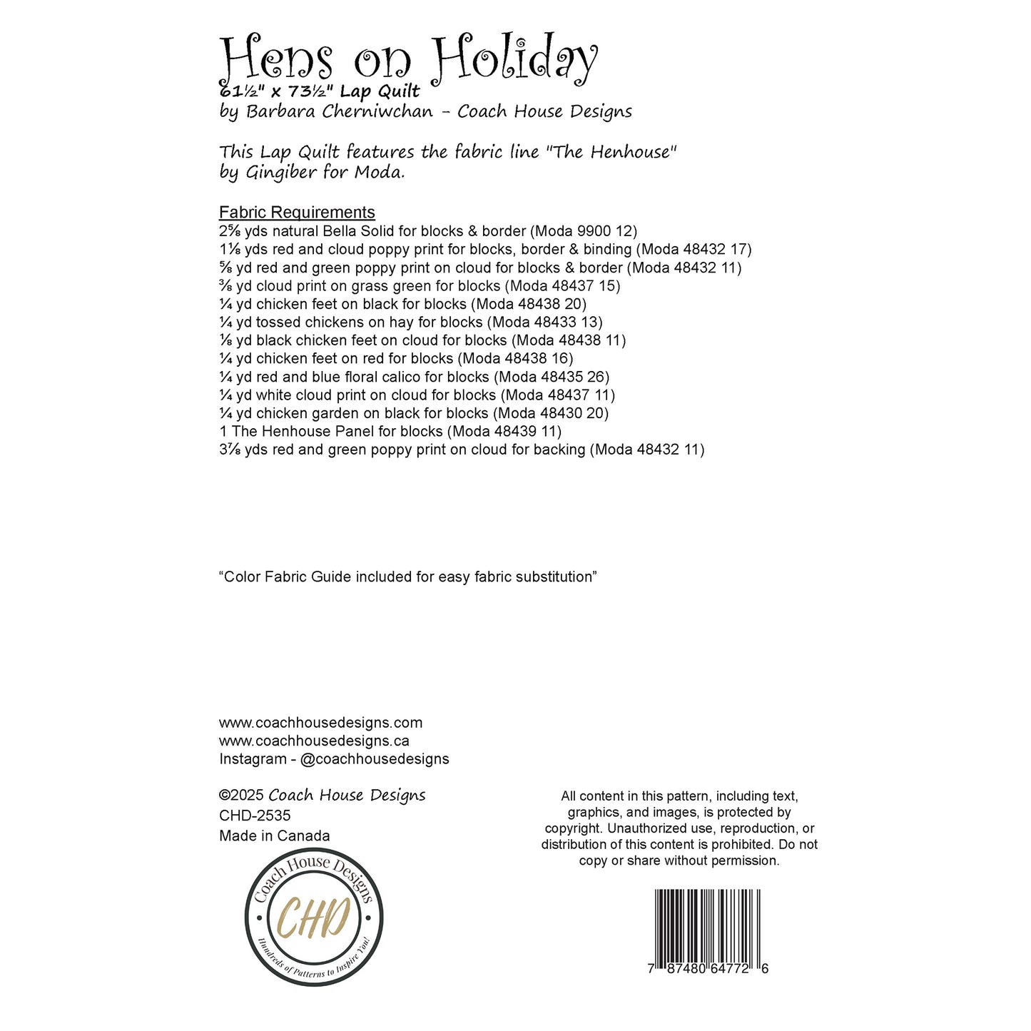 Hens on Holiday Downloadable PDF Quilt Pattern