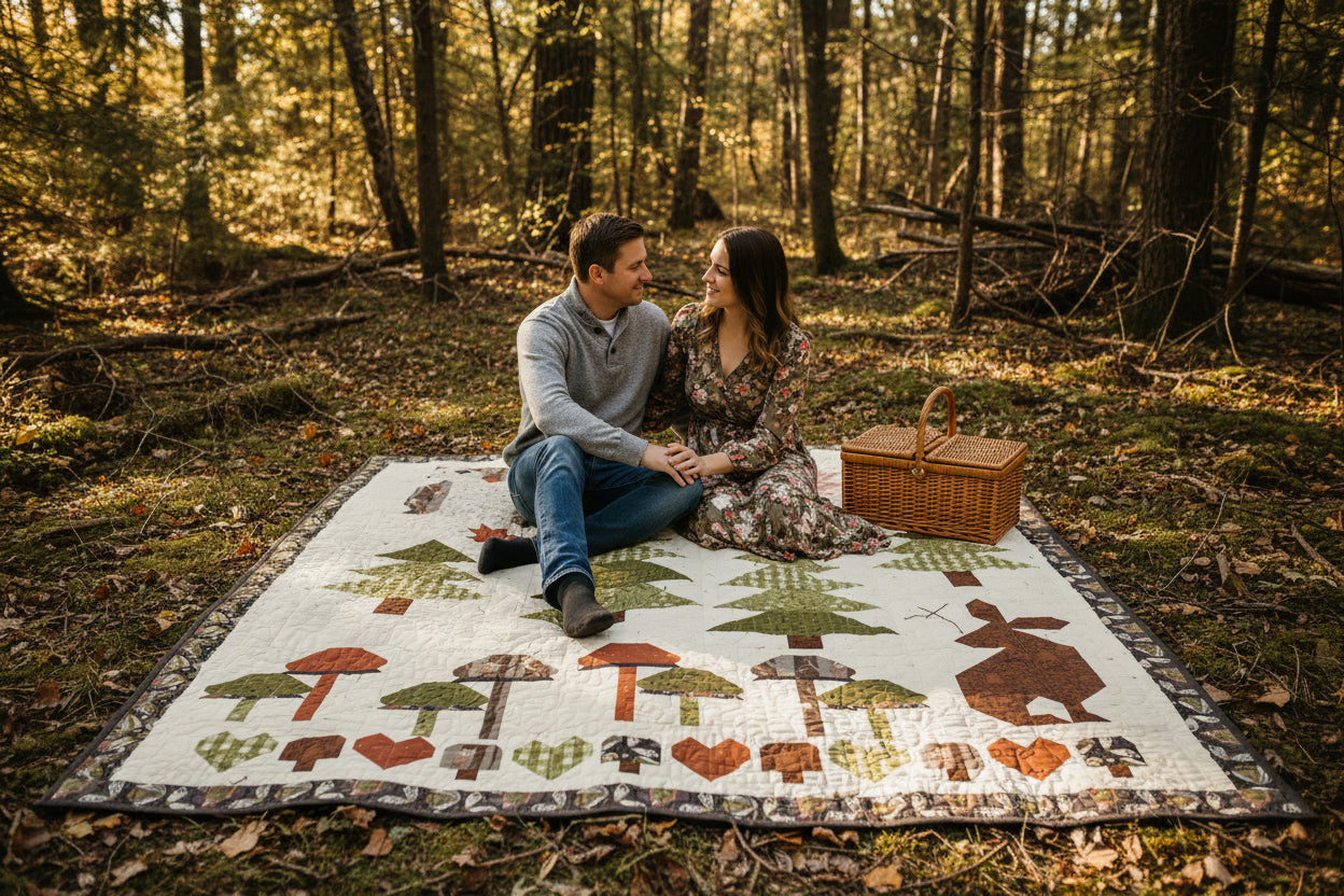 Quilt with owl, star, tree, and rabbit patterns on a beige background