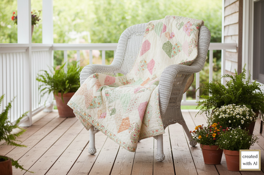 Quilt with Pastel Heart Blocks on cream background featuring Kindness fabric line by Deb Strain and designed by Coach House Designs