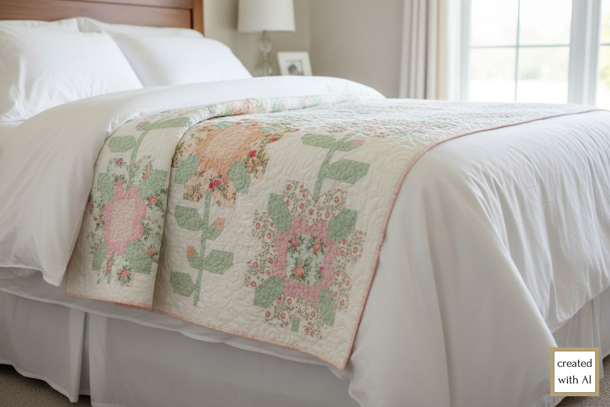 Floral quilt on a bed in a bedroom setting