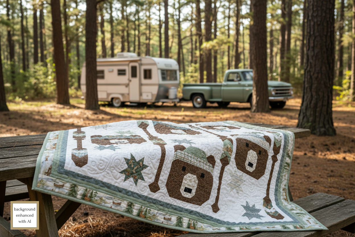 Quilt with nature-themed design on a wooden table in a forest setting with an RV and truck in the background.
