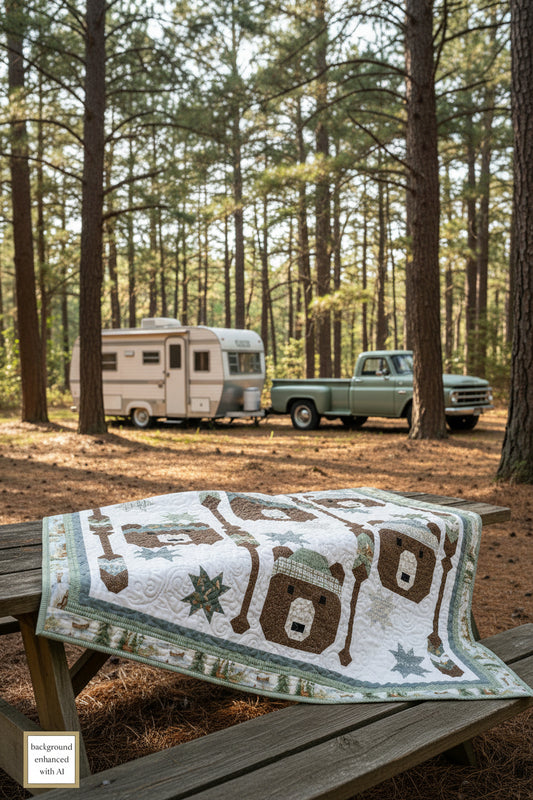 Quilt with nature-themed design on a wooden table in a forest setting with an RV and truck in the background.