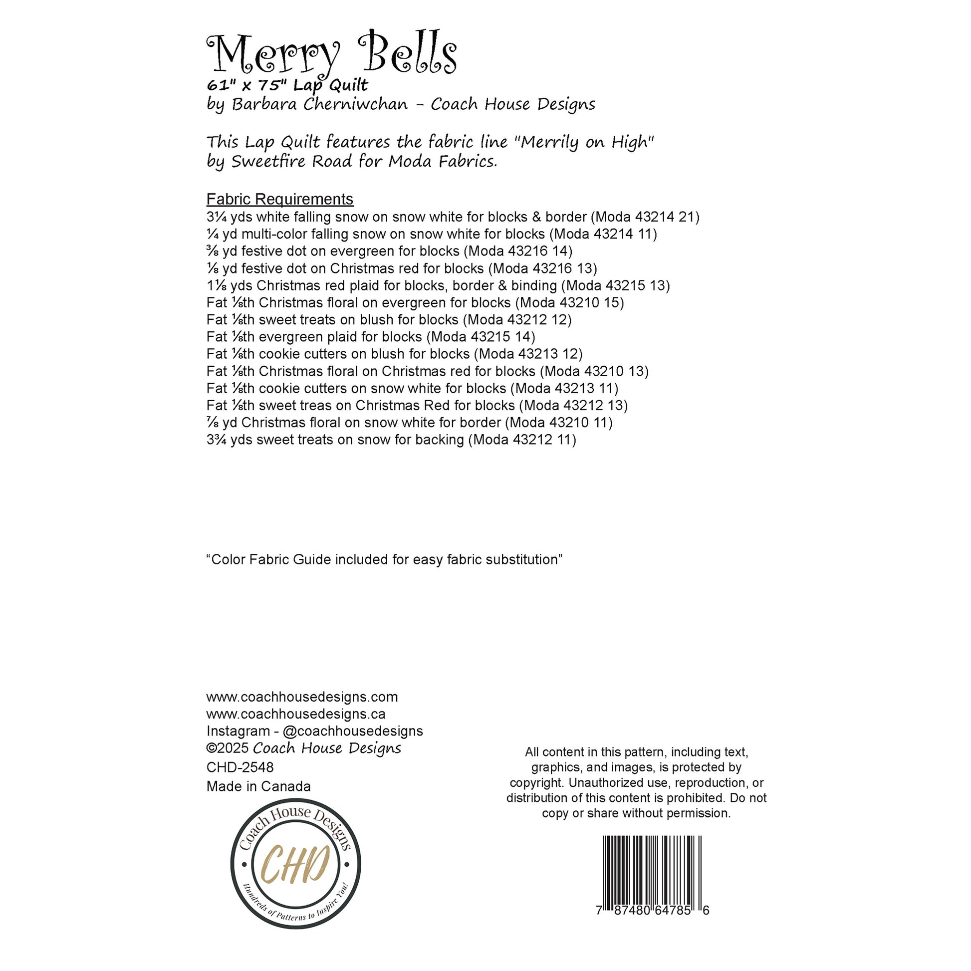 This page contains information about a lap quilt sewing pattern titled 'Merry Bells' by Coach House Designs. It includes specifications and yardage requirements from the fabric collection "Merrily on High" by Sweetfire Road for Moda.