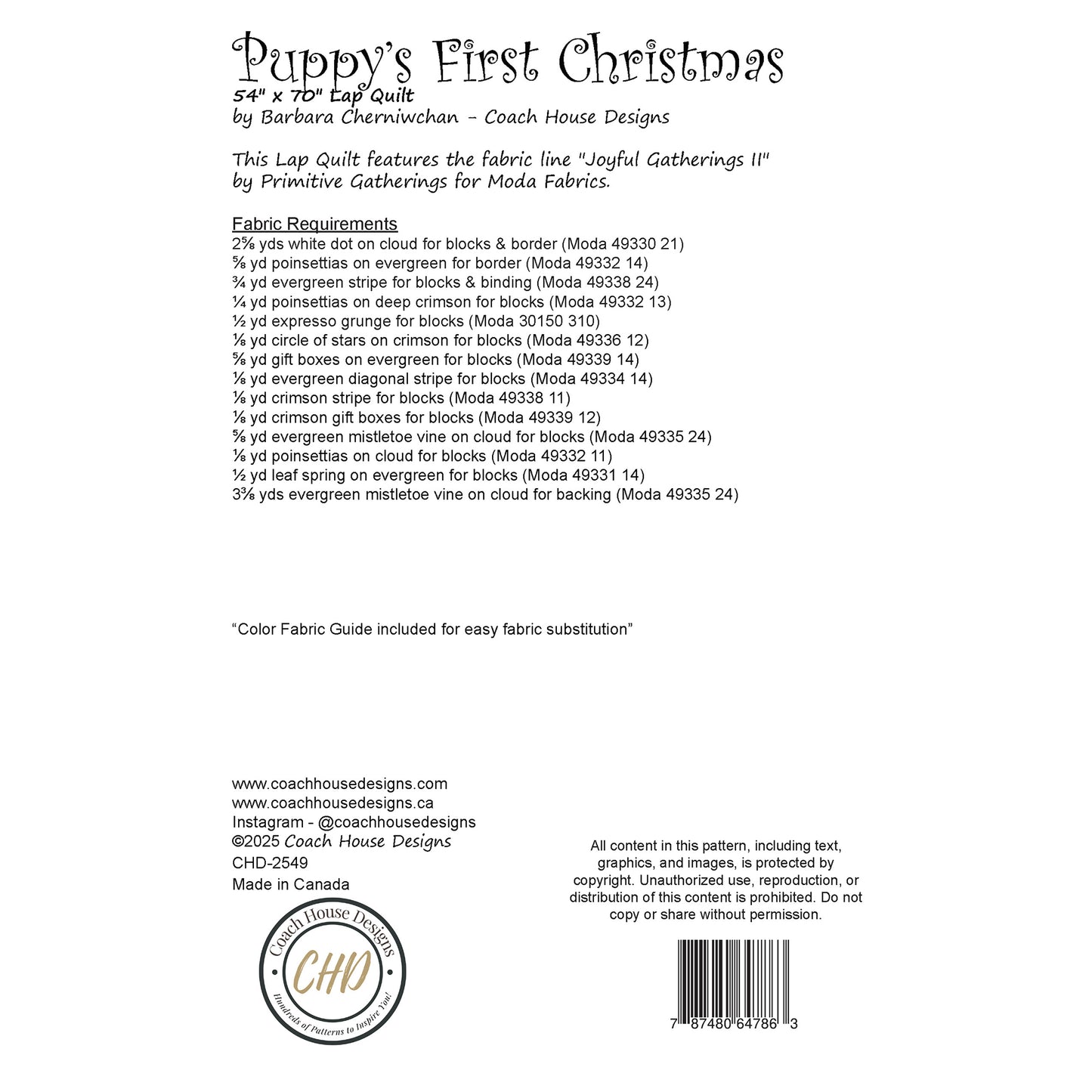This page contains information about a lap quilt sewing pattern titled 'Puppy's First Christmas' by Coach House Designs. It includes specifications and yardage requirements from the fabric collection "Joyfull Gatherings" by Primitive Gatherings for Moda.
