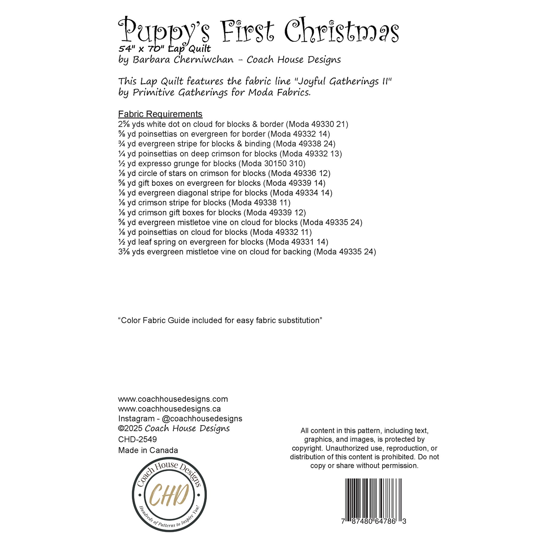 This page contains information about a lap quilt sewing pattern titled 'Puppy's First Christmas' by Coach House Designs. It includes specifications and yardage requirements from the fabric collection "Joyfull Gatherings" by Primitive Gatherings for Moda.