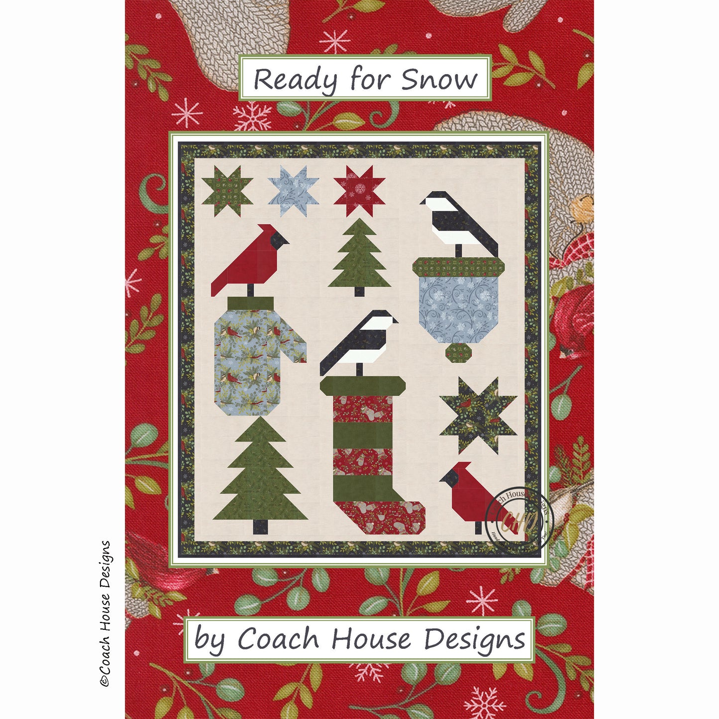 Christmas-themed quilt pattern with birds, trees, and stockings on a winter white background by Coach House Designs.