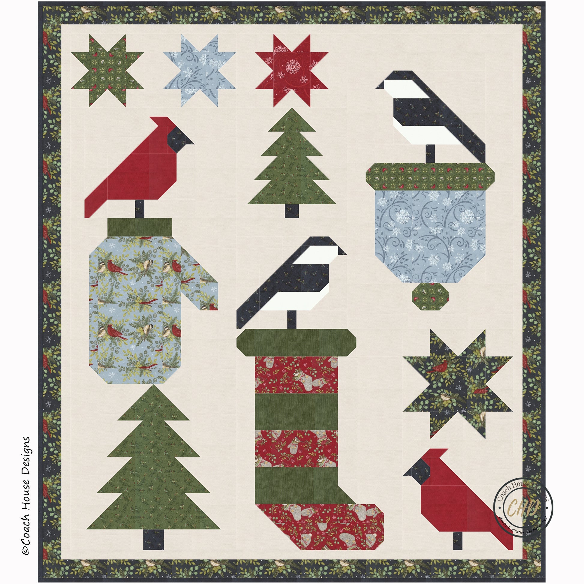 Christmas-themed quilt with patterns of trees, stars, and birds on a beige background.