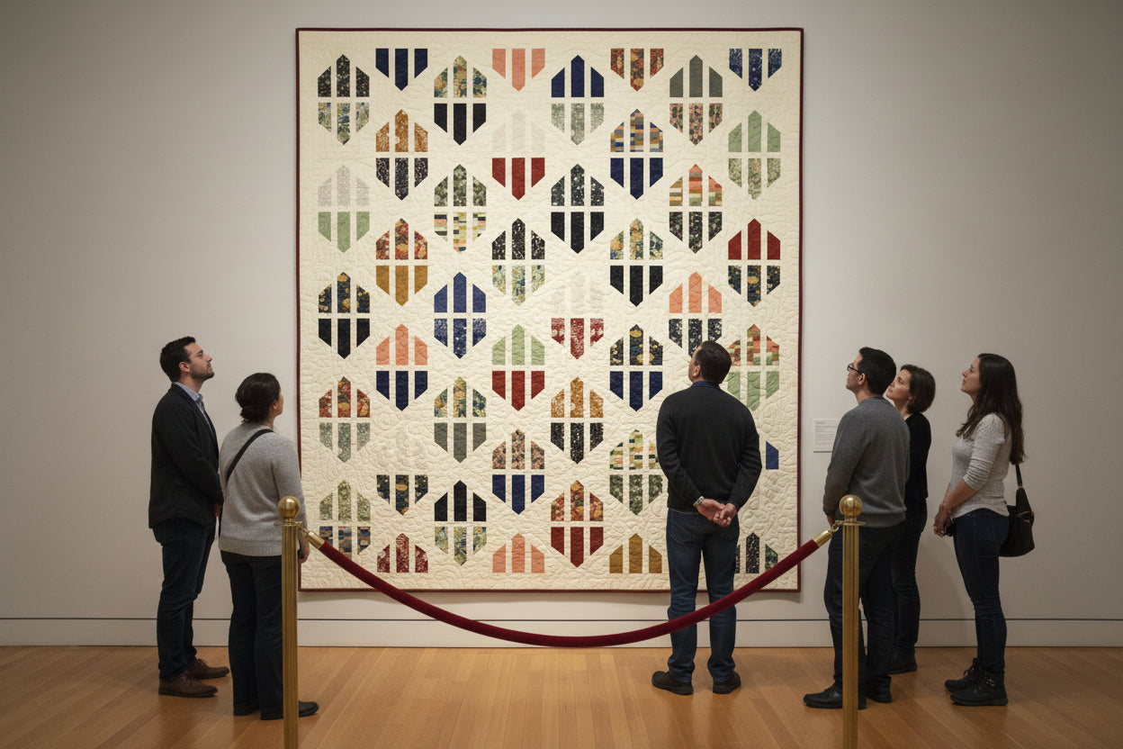 Colorful geometric patterned quilt with a white background