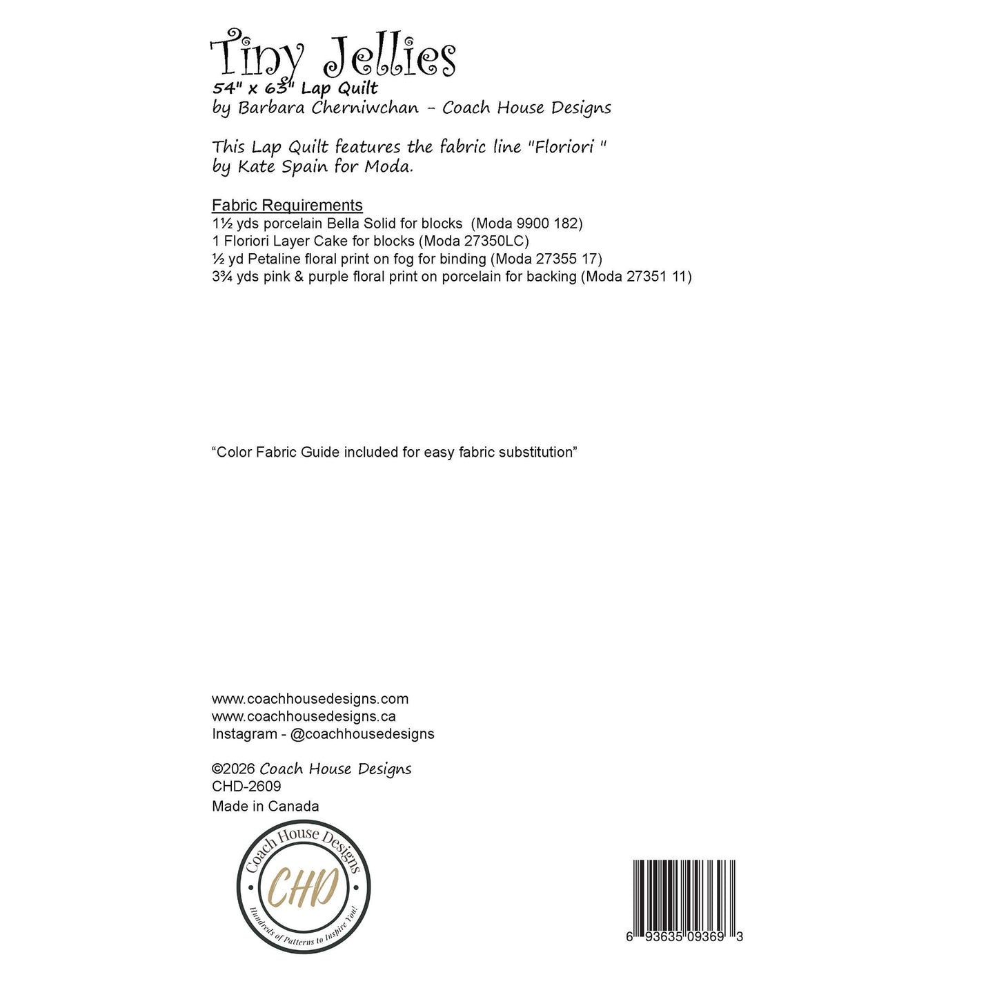 This page contains information about a lap quilt sewing pattern titled 'Tiny Jellies' by Coach House Designs. It includes specifications and yardage requirements from the fabric collection "Floriori" by Kate Spain for Moda. 